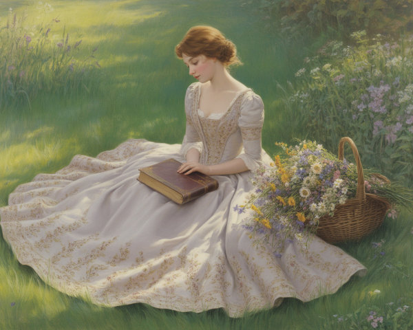 Young woman in embroidered gown among wildflowers