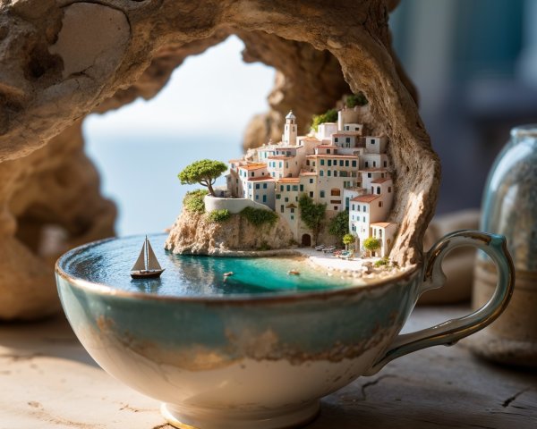 Teacup Design Featuring Seaside Village and Sailboat
