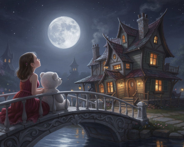 Young girl in red dress on stone bridge at night