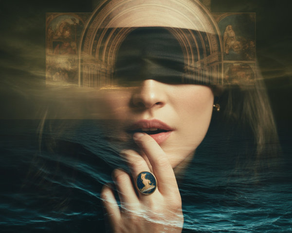Woman in Blindfold with Ethereal Waves and Colors