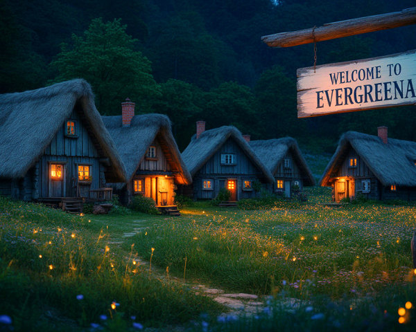 Charming Village of Evergreena in a Serene Valley
