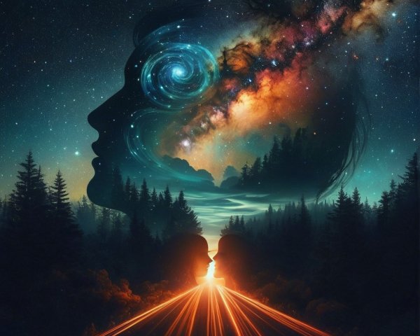 Surreal Landscape with Cosmic Elements and Silhouette