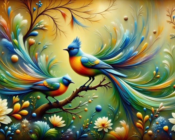 Vividly Colored Birds Amidst Floral Elements
