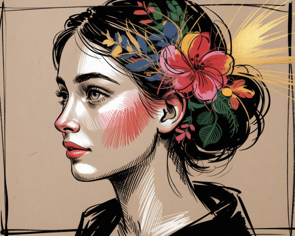 Profile Illustration of a Woman with Floral Accents
