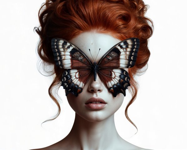 Portrait of a woman with red hair and butterfly mask