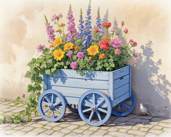 Blue Wooden Cart Filled with Colorful Flowers