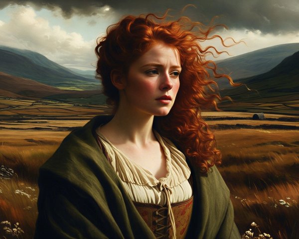 Young woman in vintage attire in dramatic landscape