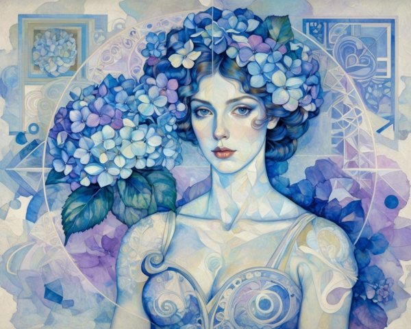 Watercolor Painting of Woman with Hydrangea Flowers