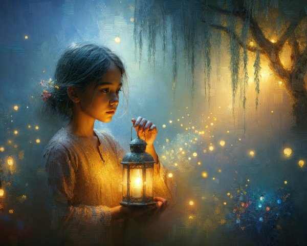 Mystical Forest Scene with Glowing Lantern and Lights