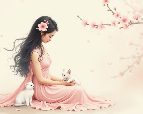 Young Woman with Kittens Among Cherry Blossoms