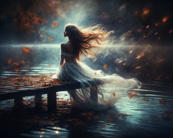 Serene Figure on Weathered Dock by Misty Lake