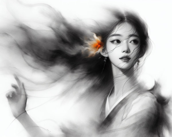 Black and white illustration of a young woman with mist