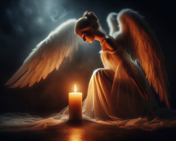 Serene Angel with Luminous Wings Beside Candlelight