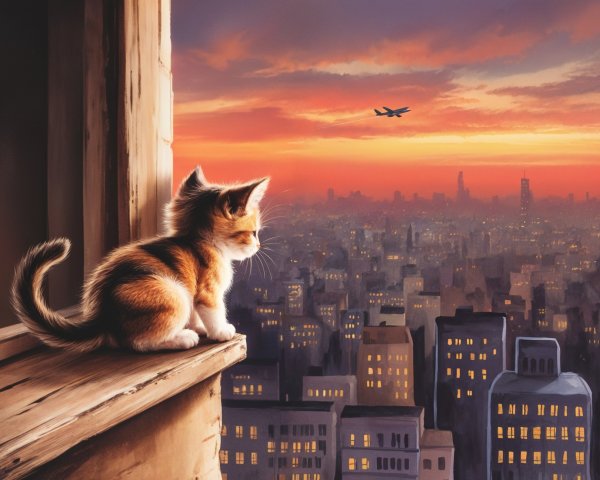 Calico Kitten on Windowsill Overlooking City Sunset