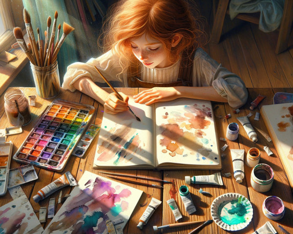 Young girl painting at a wooden table in sunlight