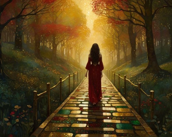 Serene forest scene with woman in red dress