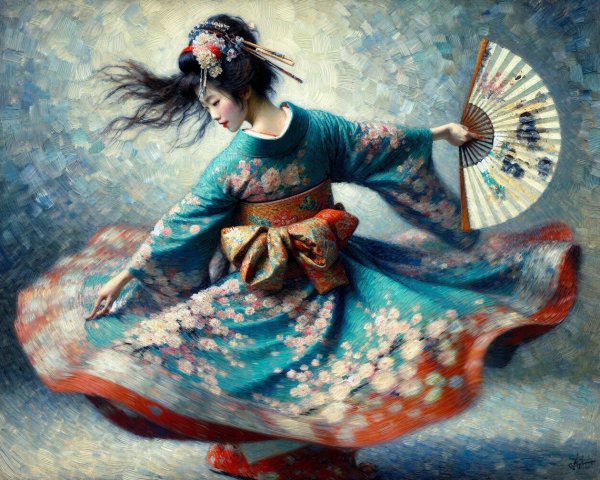 Detailed painting of a woman in a colorful kimono