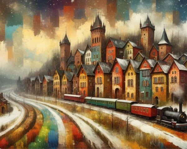 Whimsical Train in Snowy Medieval Landscape