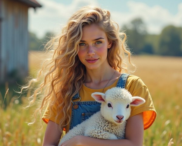Young Woman in Field with Lamb and Rustic Barn