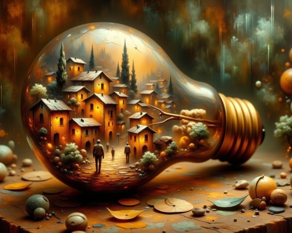 Surreal Village Inside a Light Bulb with Glowing Homes