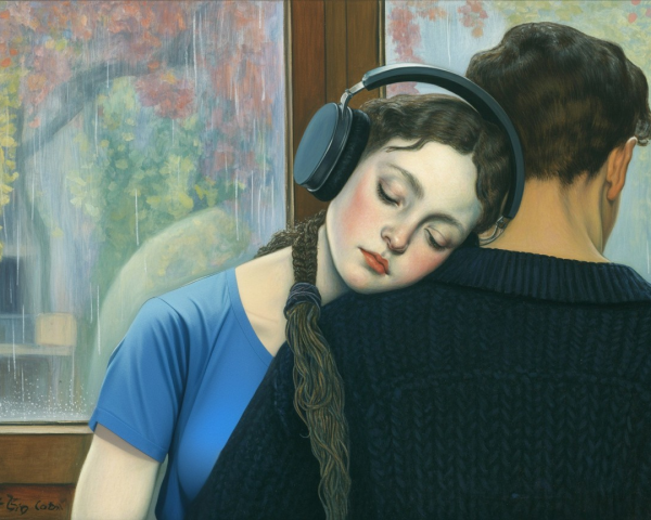 Cozy Autumn Scene of Young Couple with Headphones