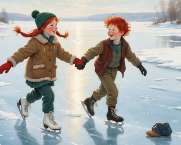 Children Ice Skating on a Frozen Lake in Winter