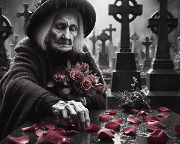 Elderly Woman Mourning at Grave in Rainy Graveyard