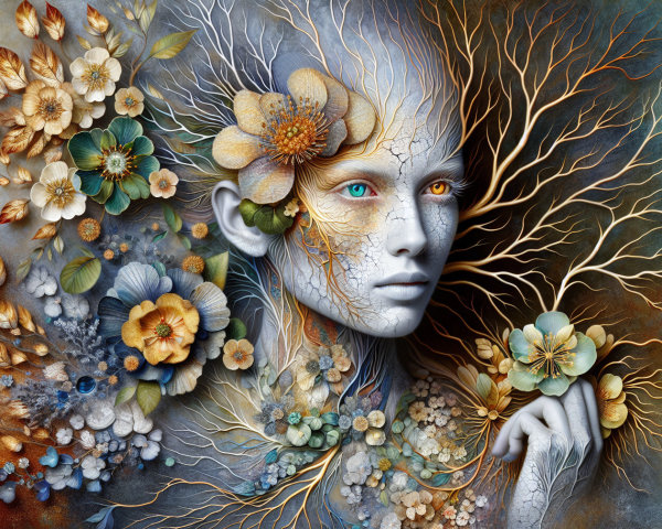 Ethereal figure blending with floral and earthy elements