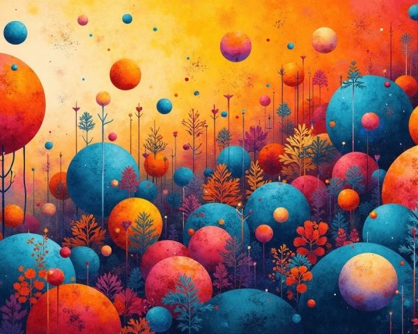 Abstract Landscape with Colorful Spheres and Foliage