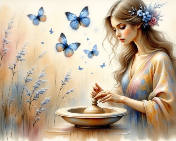 Serene Young Woman Shaping Pottery with Butterflies