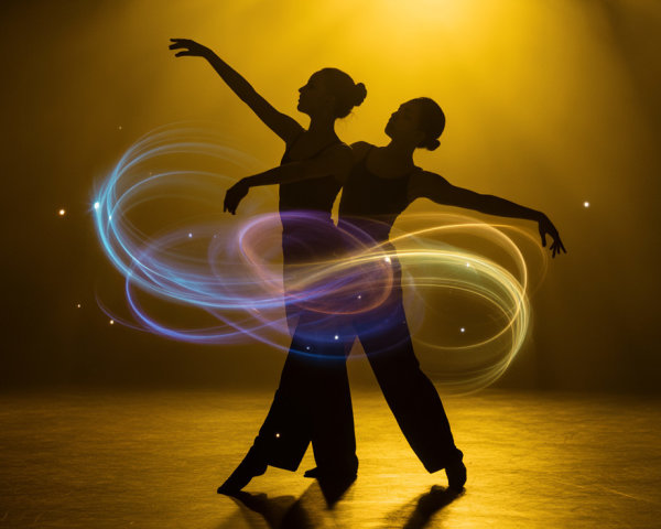 Silhouette Dancers Against Golden Backdrop with Light Trails