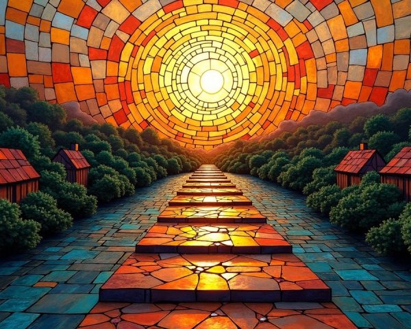 Vibrant Landscape with Colorful Pathway and Sun