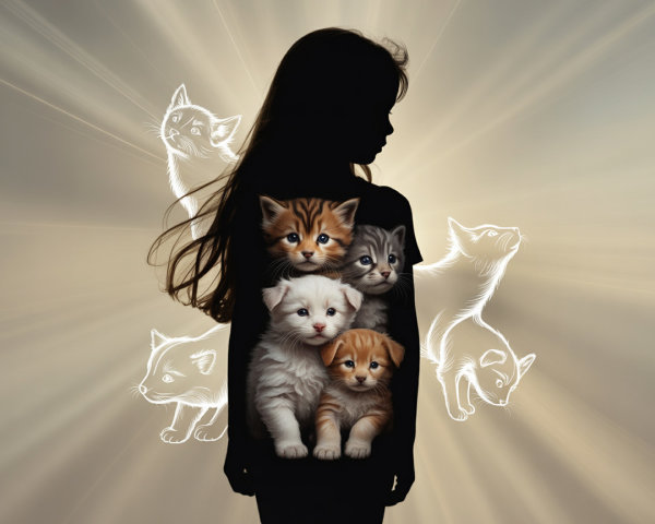 Child Silhouette with Kittens on Glowing Background