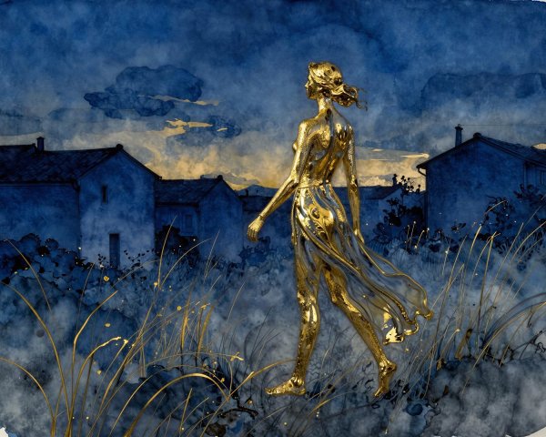 Golden Woman Statue in Grass with Blue Houses Background