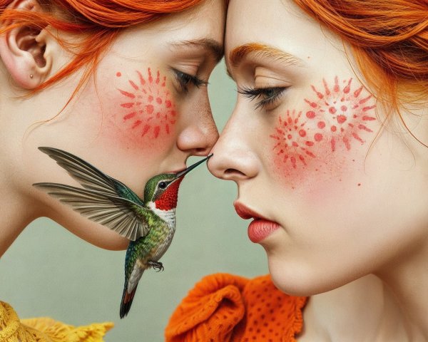 Young Women with Red Hair and Hummingbird Interaction