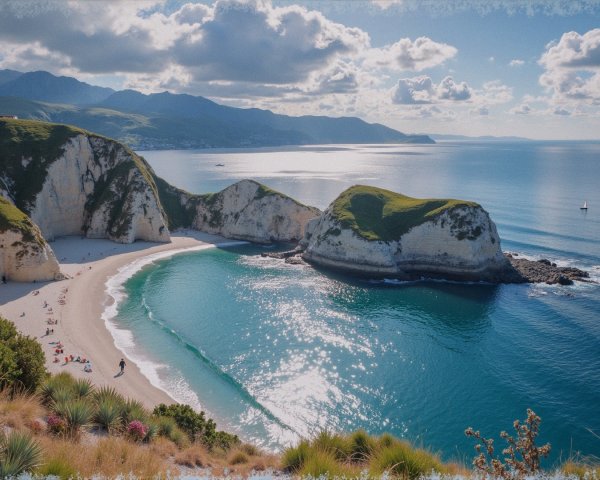 Coastal Landscape with Cliffs, Beach, and Sailboat