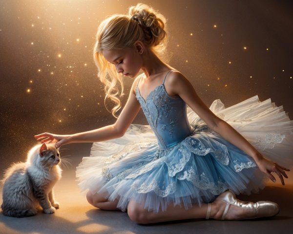Young ballerina in blue tutu with gray kitten