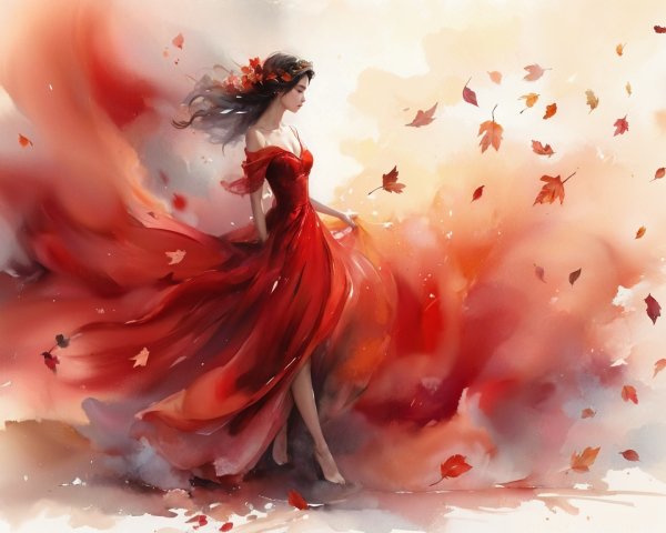 Graceful Figure in Red Dress Among Autumn Leaves