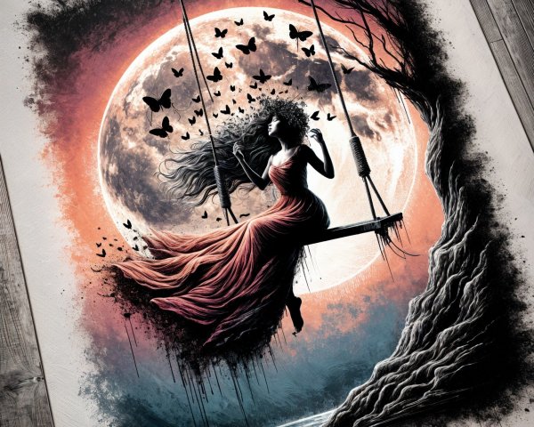 Woman in red dress with moon and butterflies scene