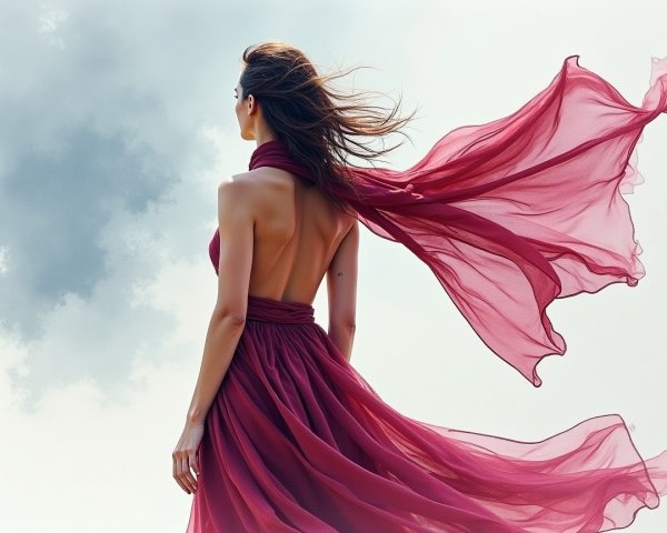 Woman in Burgundy Gown Against Serene Sky