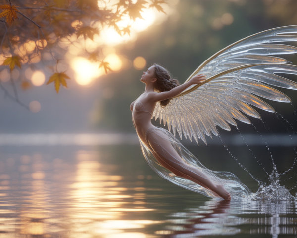 Ethereal figure with wings in tranquil lake at sunset