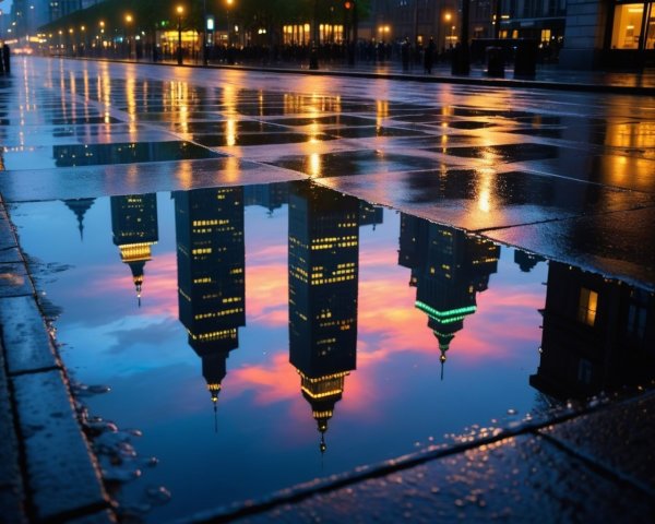 Urban Reflection of Buildings in Rainy Sunset Scene