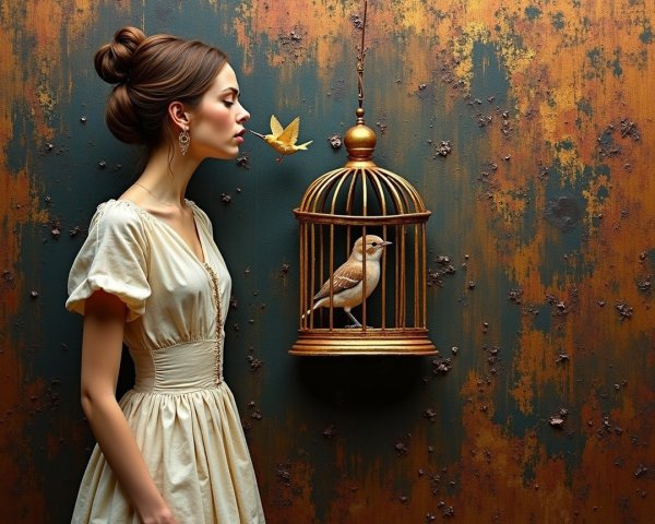 Young woman in golden dress by vintage birdcage