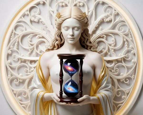 Serene figure with ornate hourglass and galaxies