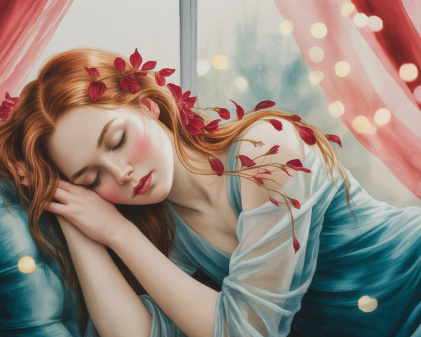 Young woman with red hair resting on teal sofa