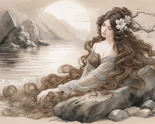 Serene Woman by Tranquil Waterway with Flowers