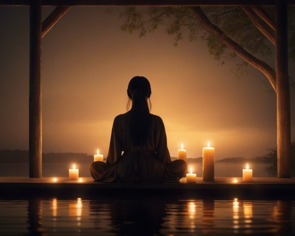 Meditation by a Calm Lake at Dusk with Candles