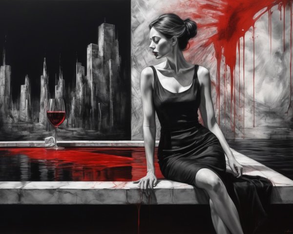 Monochrome Artwork of Woman by Blood-Red Pool