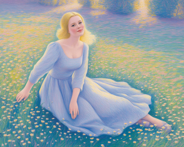 Young woman in blue dress on flower meadow