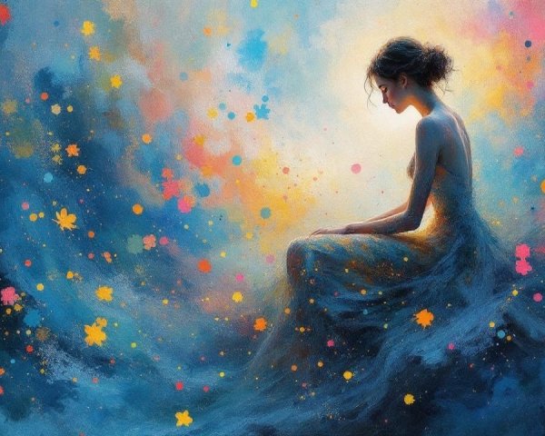 Serene Figure in Vibrant Colors and Soft Textures